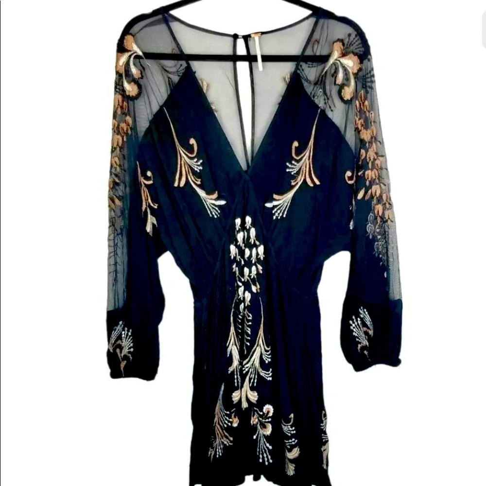 Free People Bonjour black floral embroidered mesh boho mini dress size M